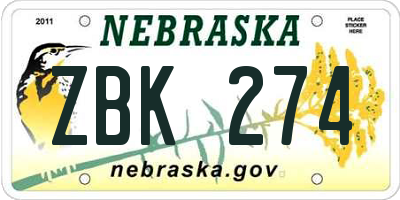 NE license plate ZBK274