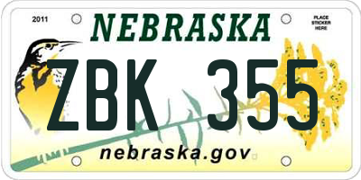 NE license plate ZBK355