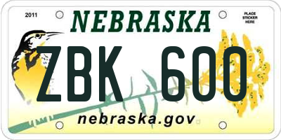 NE license plate ZBK600