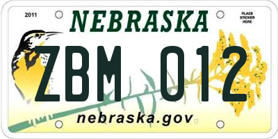 NE license plate ZBM012