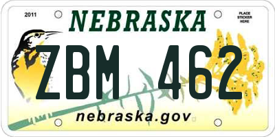 NE license plate ZBM462