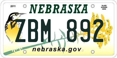 NE license plate ZBM892