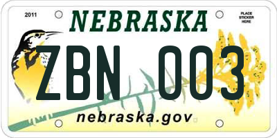 NE license plate ZBN003
