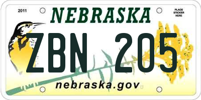 NE license plate ZBN205