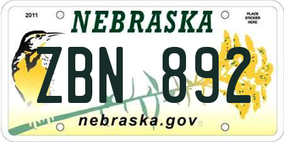 NE license plate ZBN892