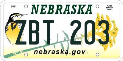 NE license plate ZBT203
