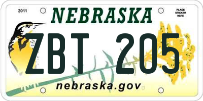 NE license plate ZBT205