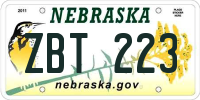 NE license plate ZBT223
