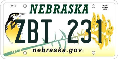 NE license plate ZBT231