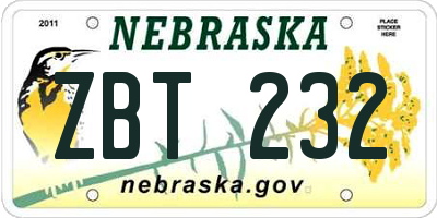 NE license plate ZBT232