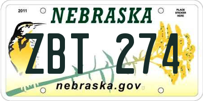 NE license plate ZBT274