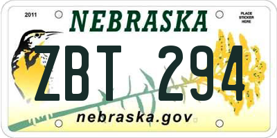 NE license plate ZBT294
