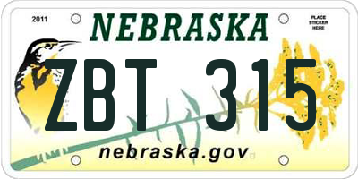NE license plate ZBT315