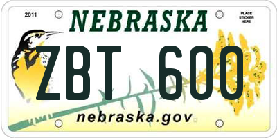 NE license plate ZBT600