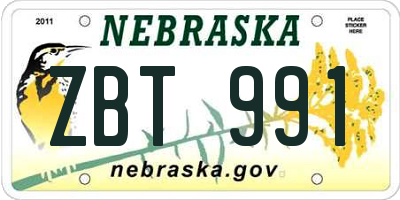 NE license plate ZBT991