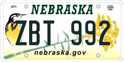 NE license plate ZBT992