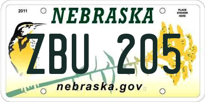 NE license plate ZBU205
