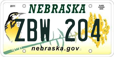 NE license plate ZBW204