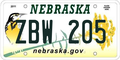 NE license plate ZBW205