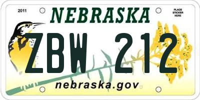 NE license plate ZBW212