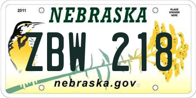 NE license plate ZBW218