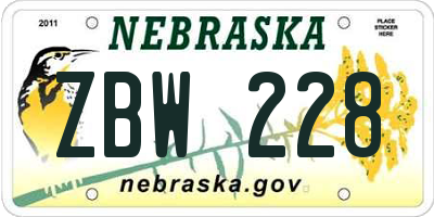NE license plate ZBW228