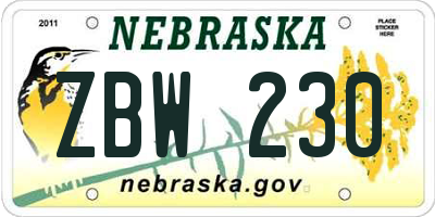 NE license plate ZBW230