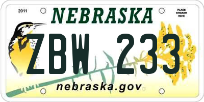 NE license plate ZBW233
