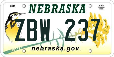 NE license plate ZBW237