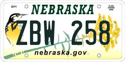 NE license plate ZBW258