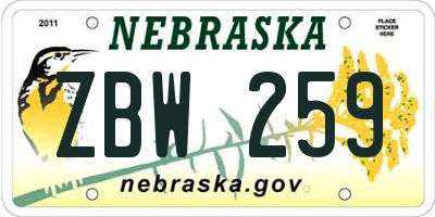 NE license plate ZBW259
