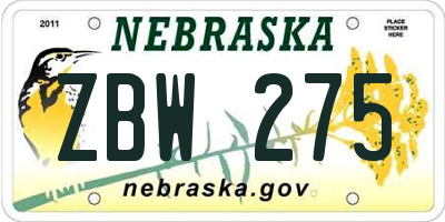 NE license plate ZBW275