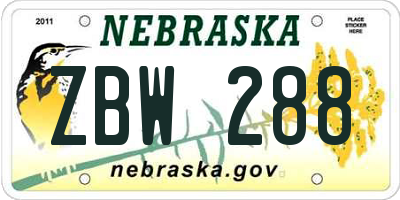 NE license plate ZBW288