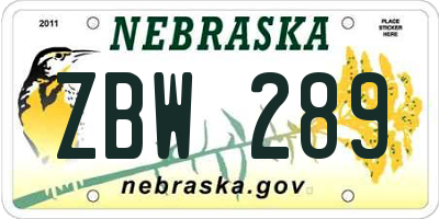 NE license plate ZBW289