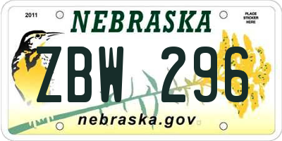NE license plate ZBW296