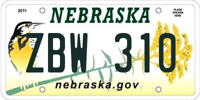 NE license plate ZBW310
