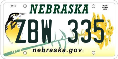 NE license plate ZBW335