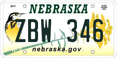 NE license plate ZBW346