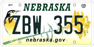NE license plate ZBW355