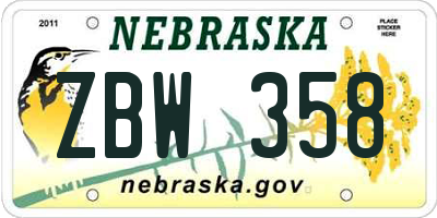 NE license plate ZBW358
