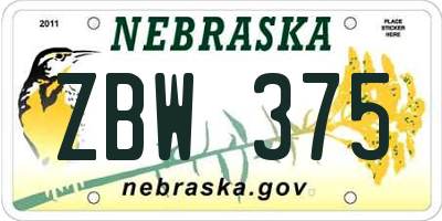 NE license plate ZBW375