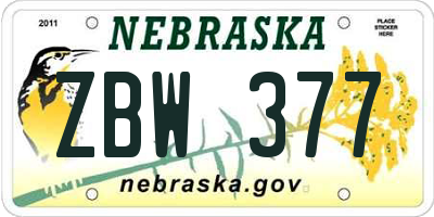 NE license plate ZBW377