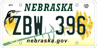 NE license plate ZBW396