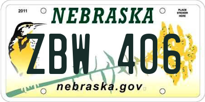 NE license plate ZBW406