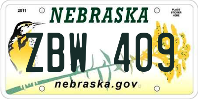 NE license plate ZBW409
