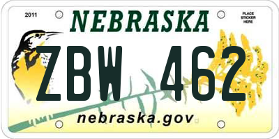 NE license plate ZBW462