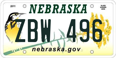 NE license plate ZBW496