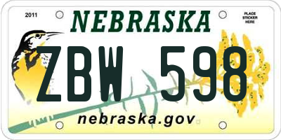 NE license plate ZBW598