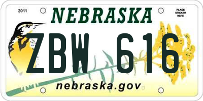 NE license plate ZBW616