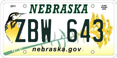 NE license plate ZBW643